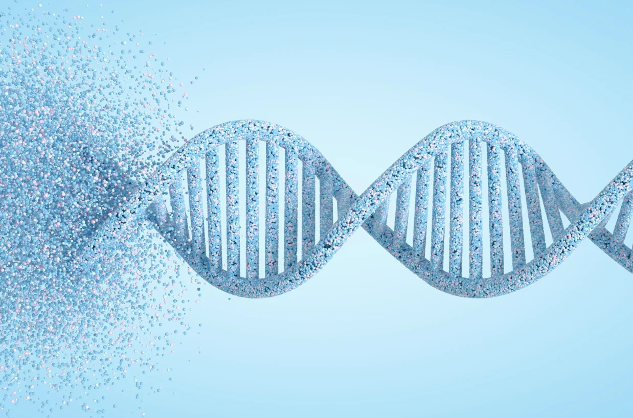 DNAの二重らせんが粒子状に崩れていくイメージ