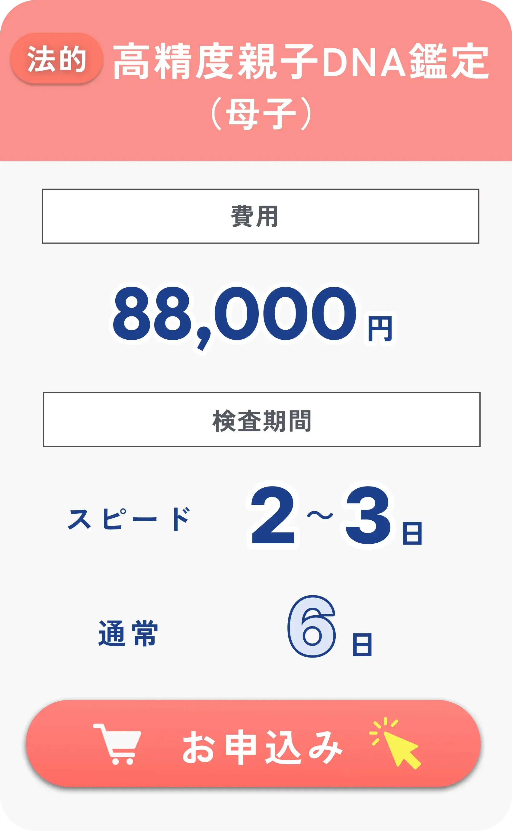 法的 高精度親子DNA鑑定（母子）88,000円・検査期間2～3日（通常6日）税込・往復送料込