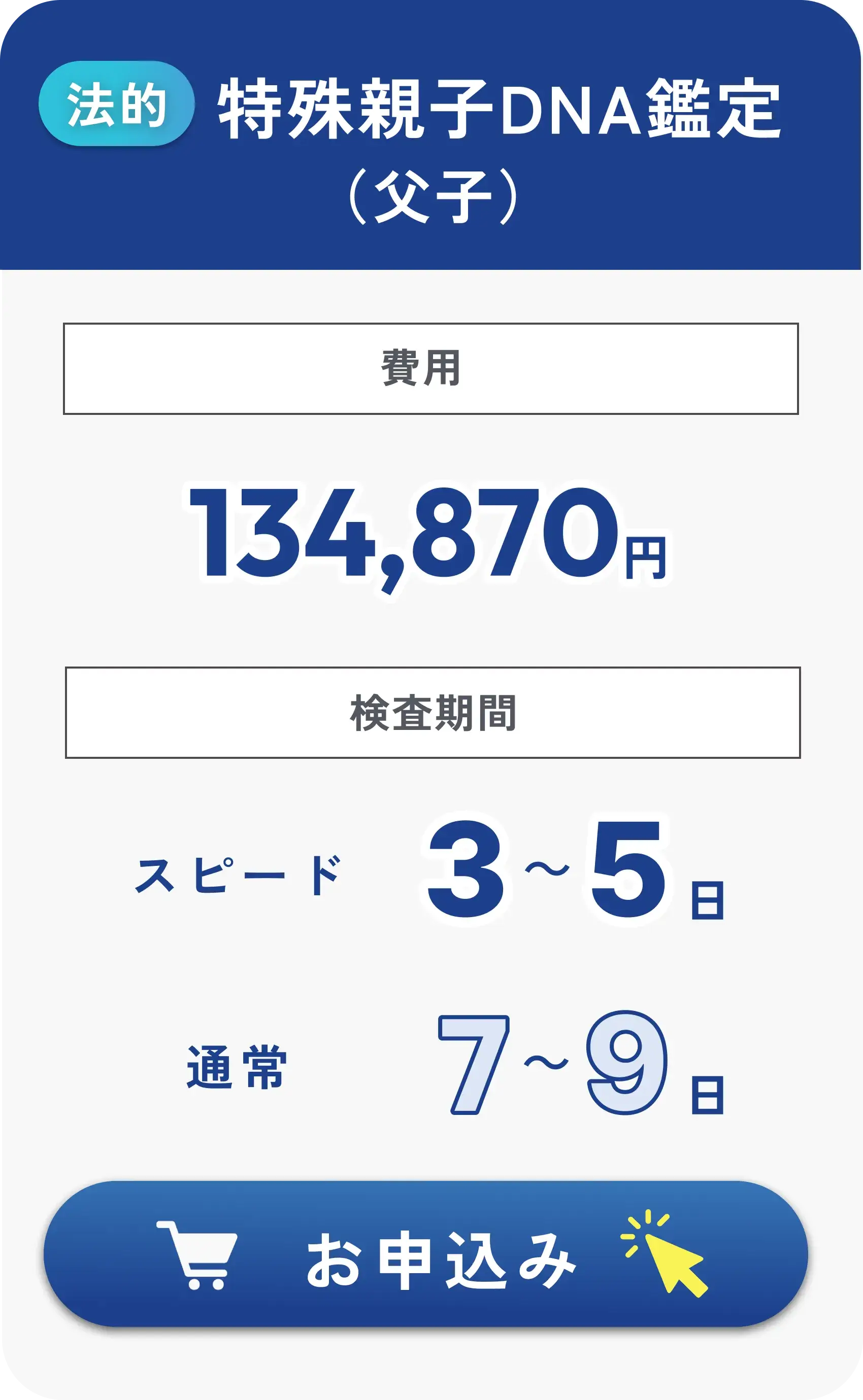 法的特殊親子DNA鑑定（父子）134,870円・検査期間3～5日（通常7～9日）税込・往復送料込