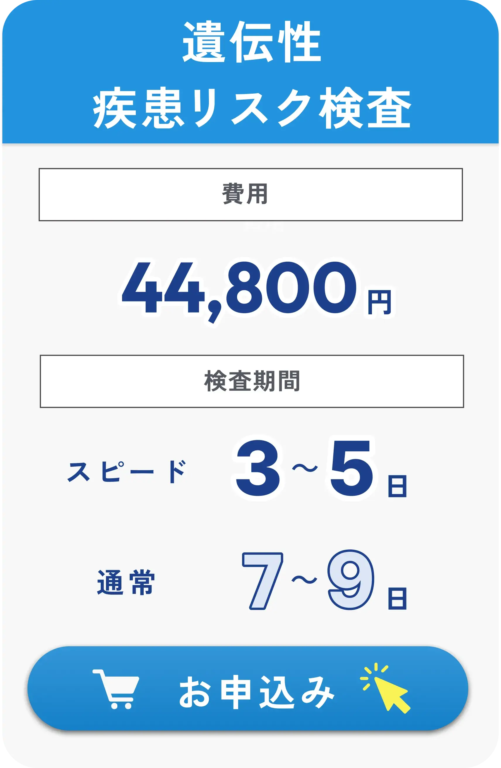 Cost of genetic disease risk test: 44,800 yen, testing period: speed 3-5 days, normal 7-9 days